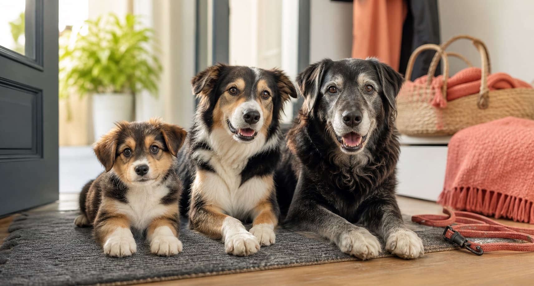 Junger Hund, erwachsener Hund und Seniorhund in einem Zuhause
